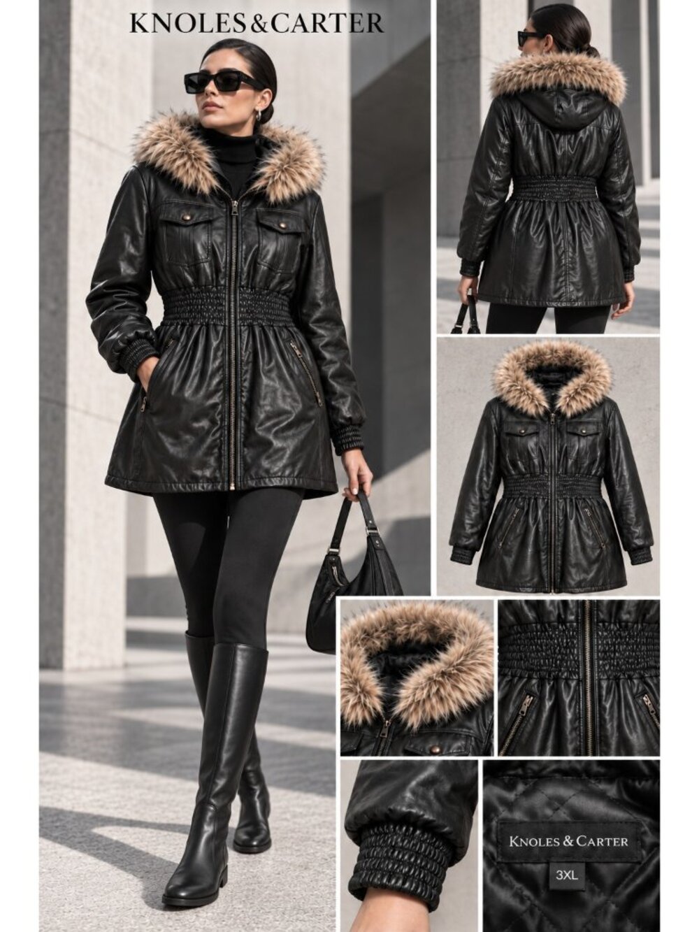 Knoles & Carter Black Genuine Leather Fur Trim Hooded Coat 3XL